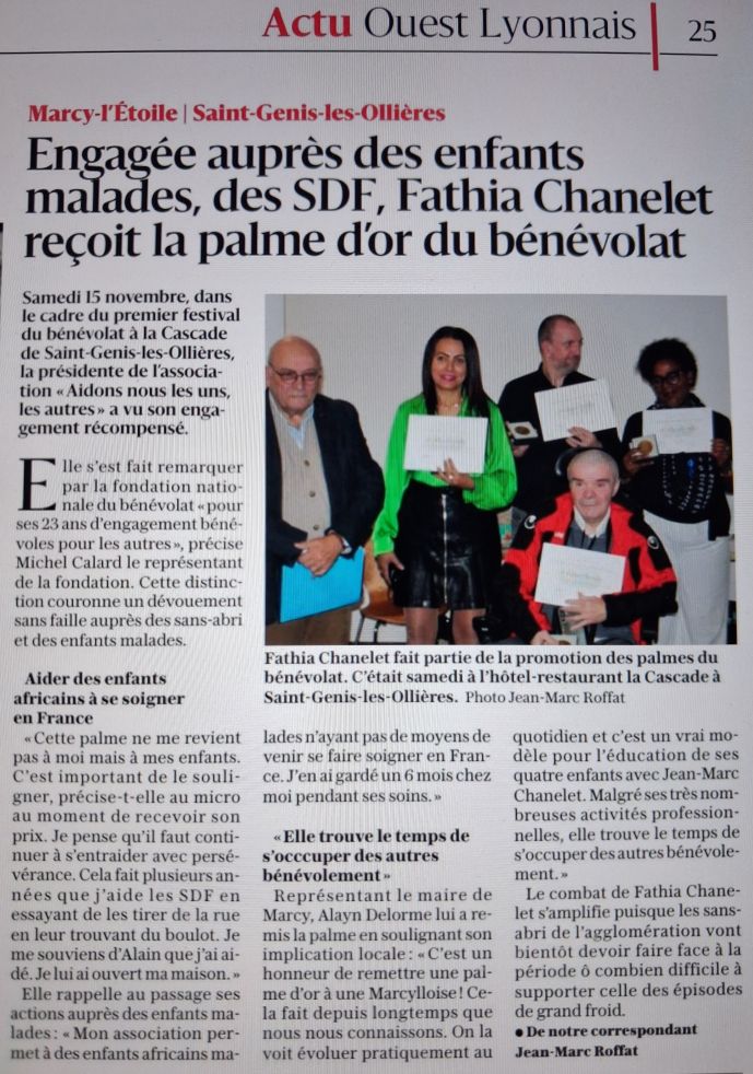 Palme d'Or Fathia Chanelet 15 nov 2025 St Genis-les-Ollières- Fondation du Benevolat