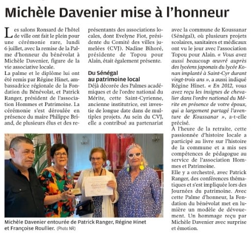 Article de presse Nouvelle République Remise Palmes Fondation du Benevolat Michèle Davenier _ 18 Juillet 2026